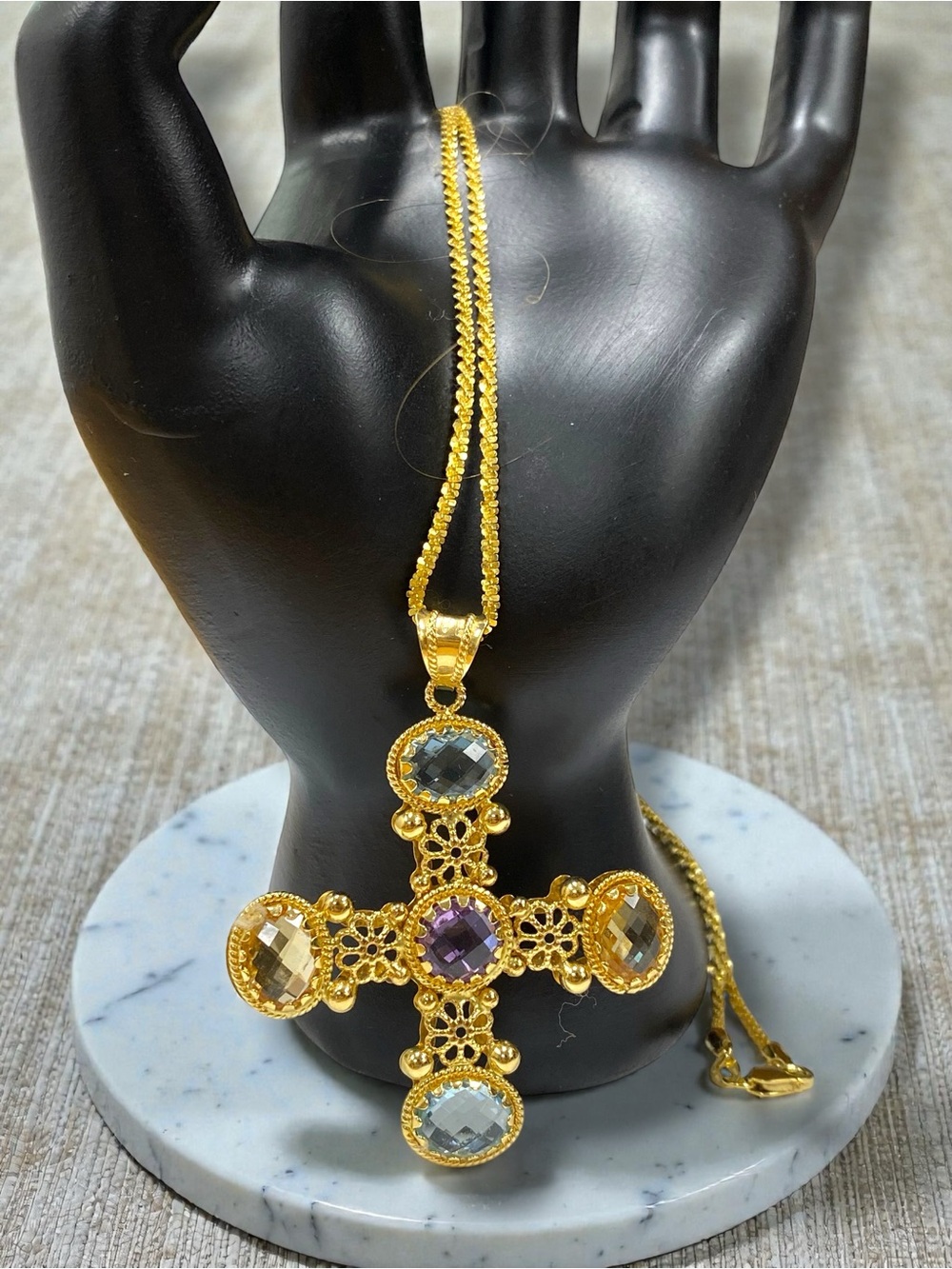 Estate 750 18k Yellow Gold Gemstone Maltese Cross 18” Popcorn Chain Necklace